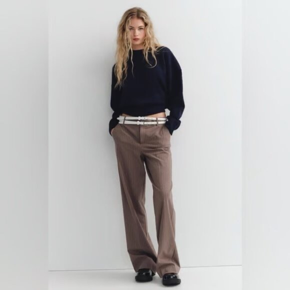 NWT! ZARA Woman Double Belt Pinstriped Belted Dress Pants Trousers | Size M - Picture 2 of 13